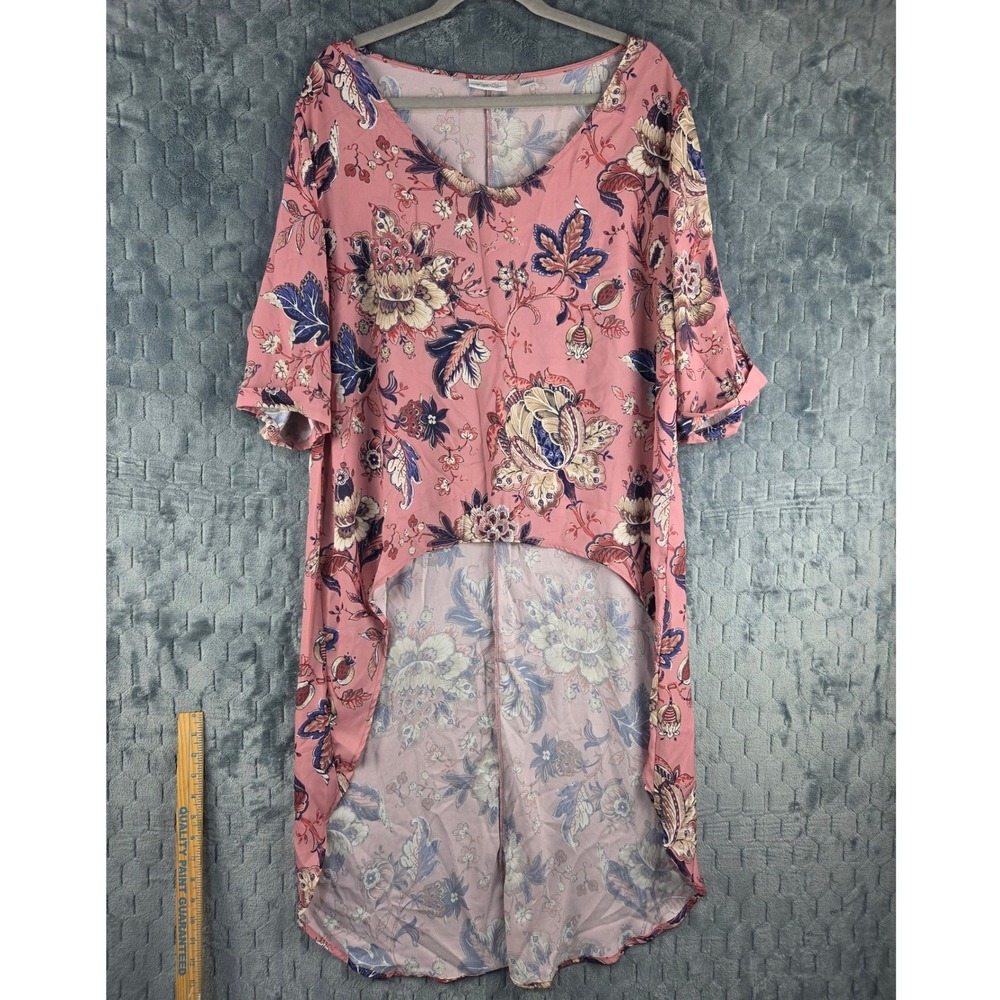 Sweet Pea NY&Co Stacy Frati Pink Floral High Low Tunic Blouse XL Relaxed V-Neck